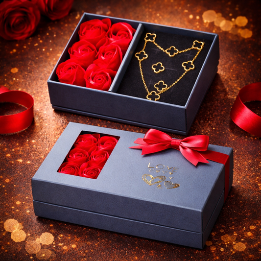 ✨SET DE VAN CLEEF + CAJA ROSAS 👑  Collar trebol Van Cleef, Pulsera, Anillo y Aretes 🎁